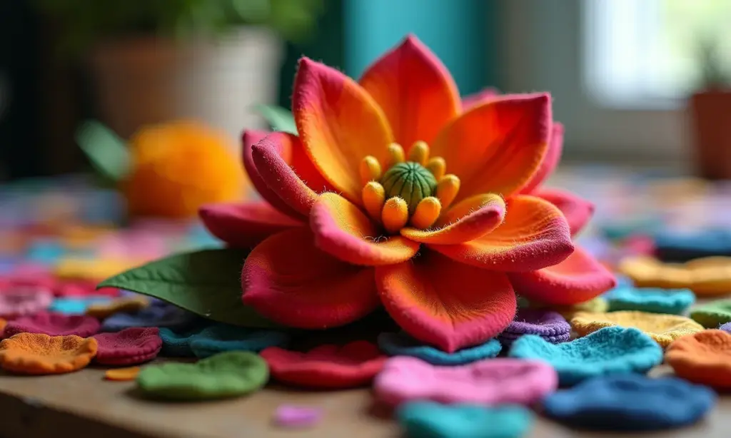 Peso de porta flor de fuxico artesanal, costura detalhada e tecido colorido.