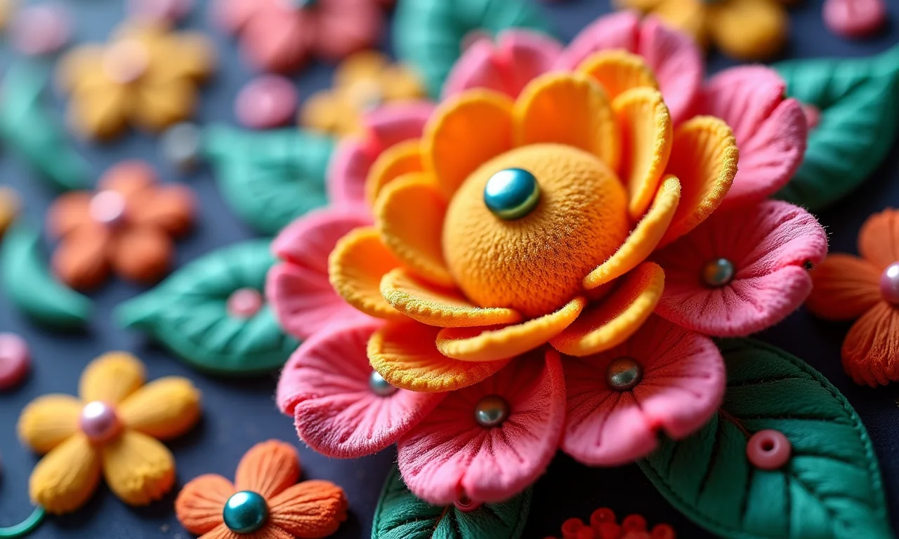 Peso de porta flor de fuxico com aplicações de botões, bordados e miçangas.