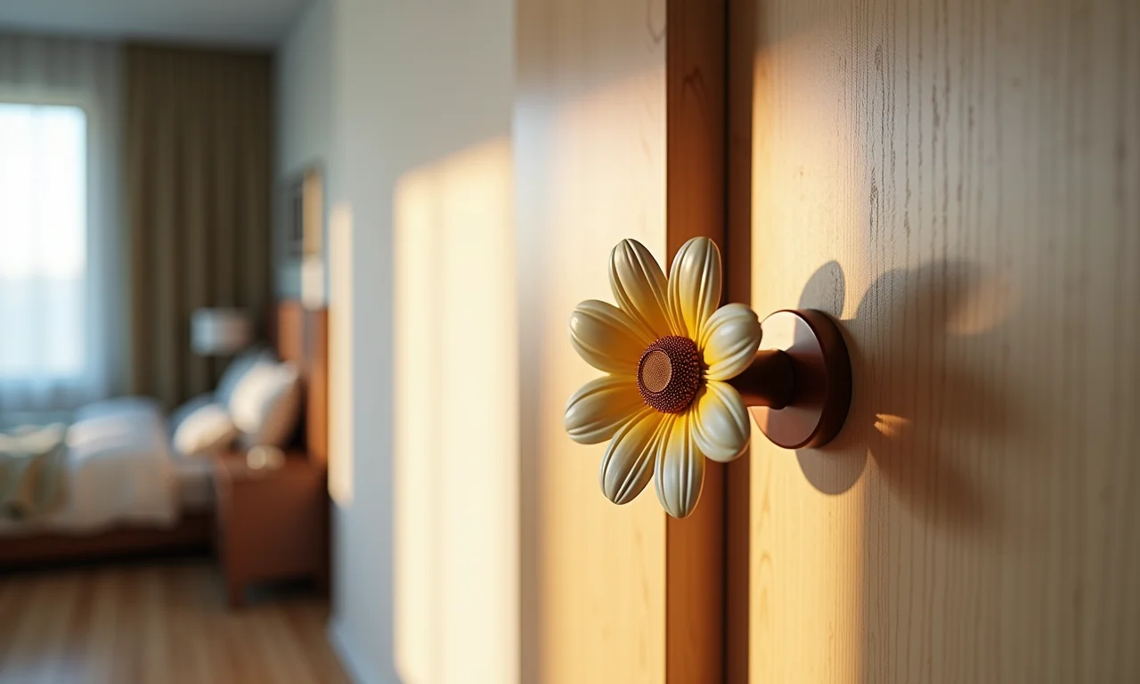 Peso de porta flor de fuxico em diversos ambientes da casa: sala, quarto, escritório.