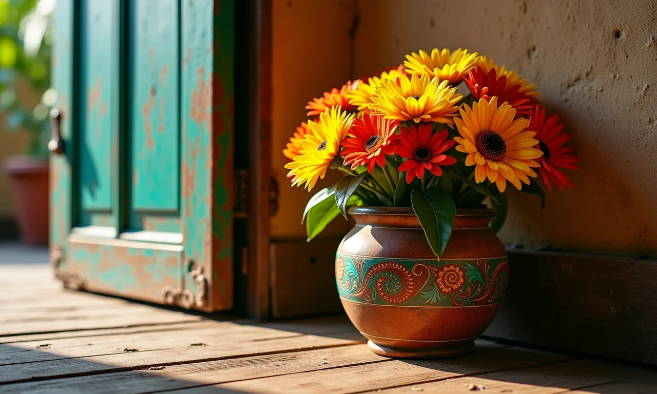 Peso de porta temático flor de fuxico com detalhes da cultura brasileira.