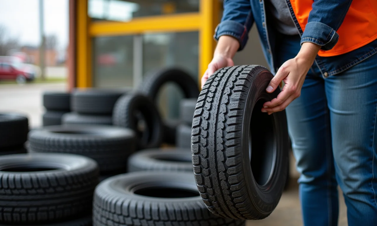 Pessoa coletando pneus usados em uma borracharia.