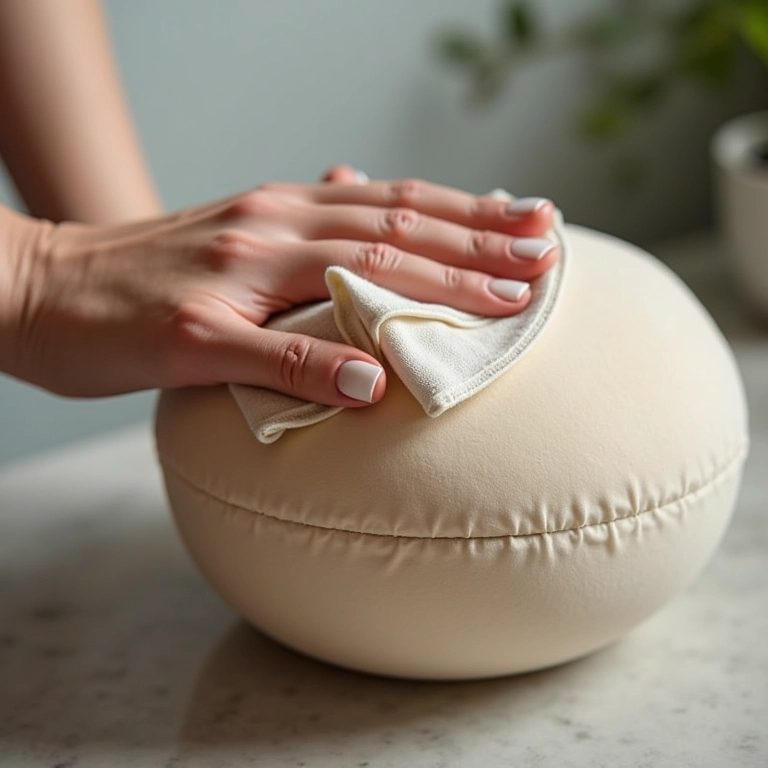 Pessoa limpando delicadamente um puff redondo com pano macio.