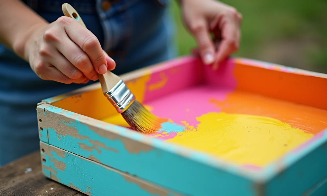 Pessoa pintando um caixote de madeira com cores vibrantes e temas tropicais.