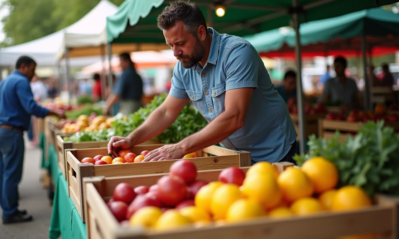 Pessoa procurando caixotes de feira resistentes em um mercado local ensolarado.