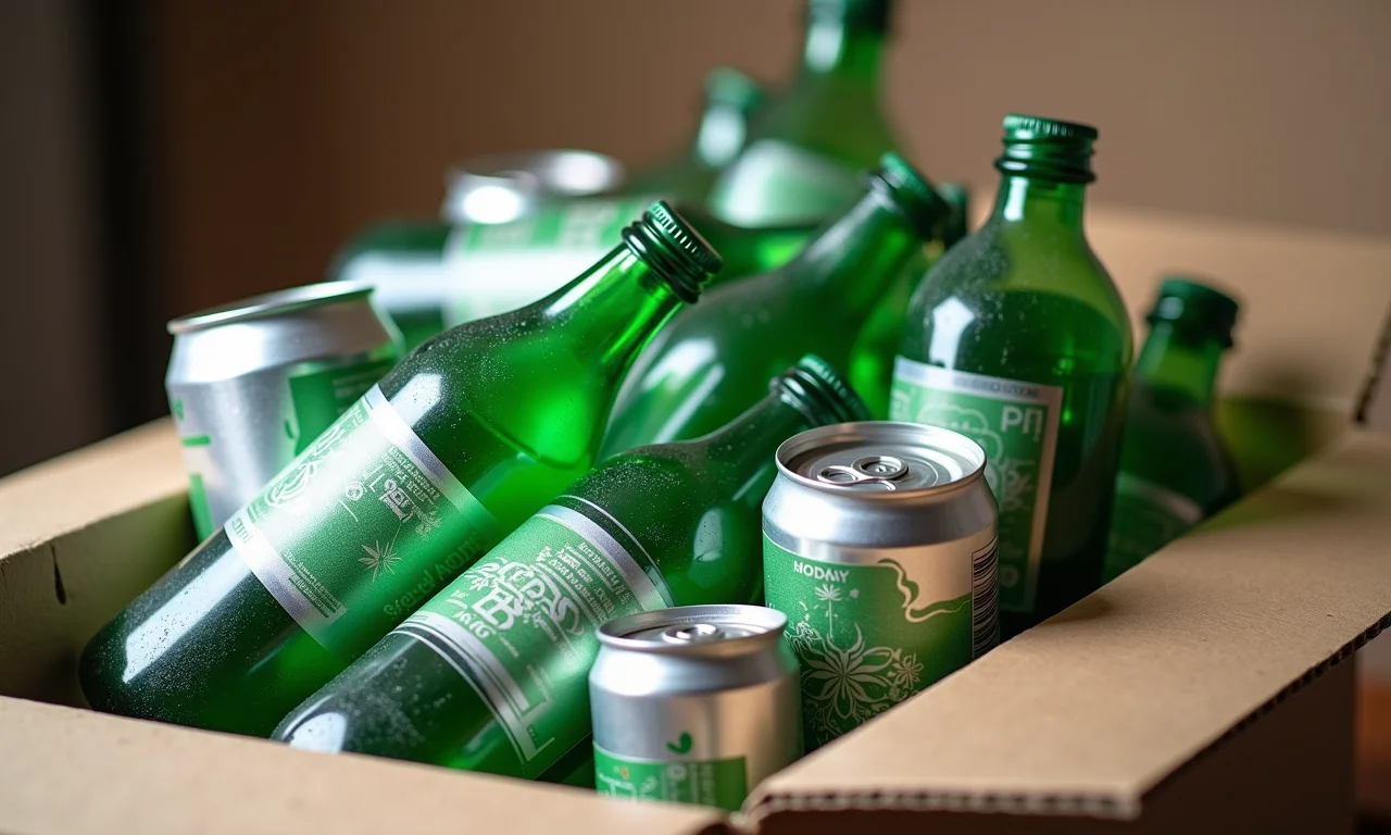 Pilha de materiais fáceis de reciclar: papelão, garrafas de vidro, latas de alumínio.