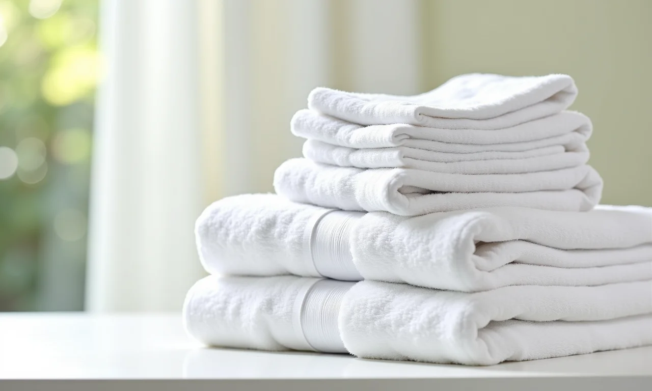 Pilhas de toalhas Dohler brancas para bordar.