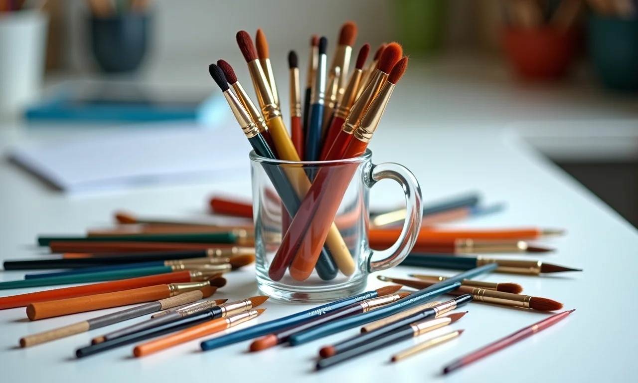 Pincéis de diferentes tamanhos e formatos para pintura em vidro.