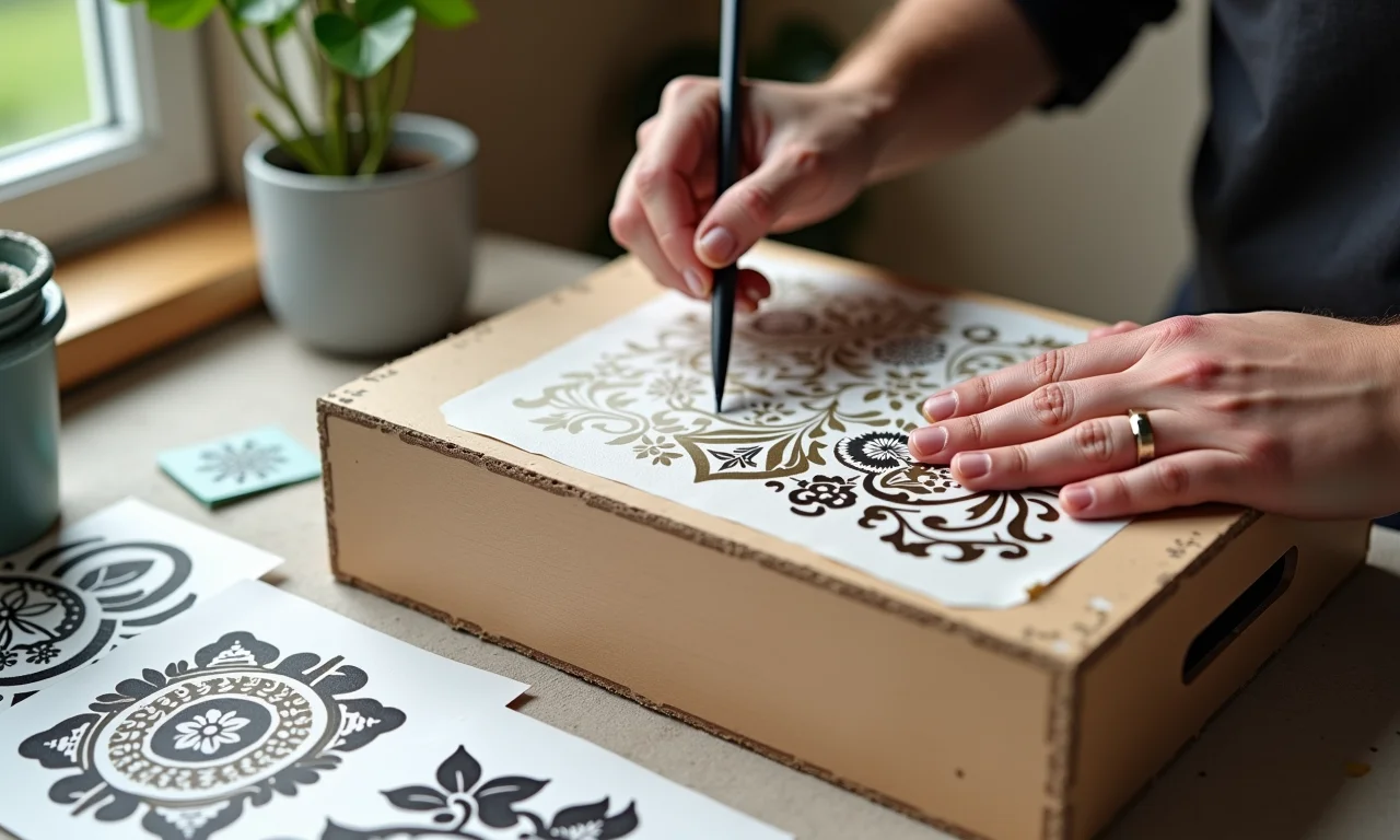 Pintura com stencil em caixa de MDF.