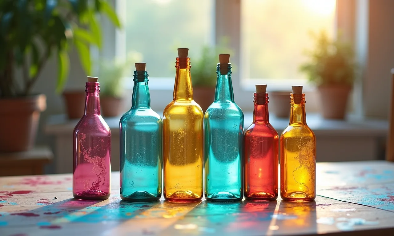 Pintura e decoupage em garrafas de vidro em mesa de artesanato.