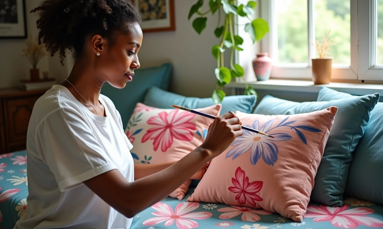 Pintura em tecido personalizada em almofadas.