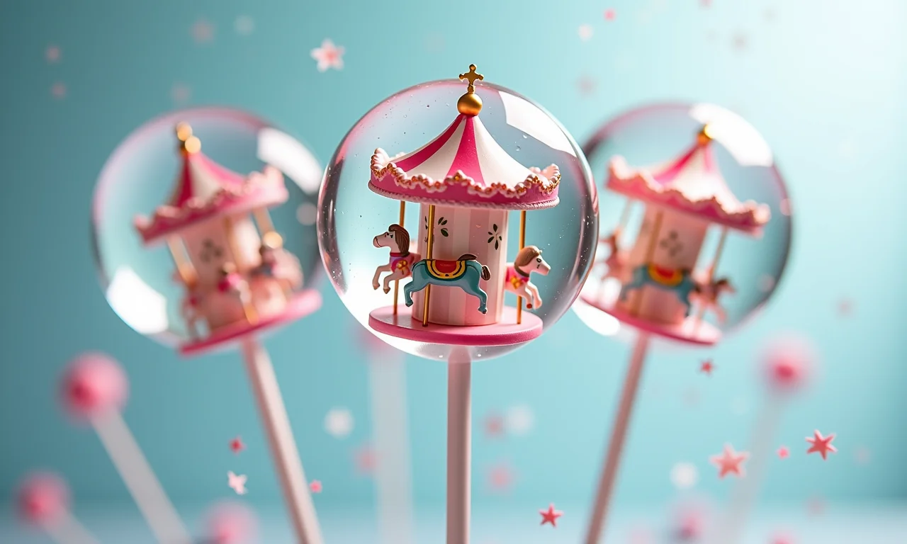 Pirulitos de cristal decorados com tema carrossel, design elegante e transparente.