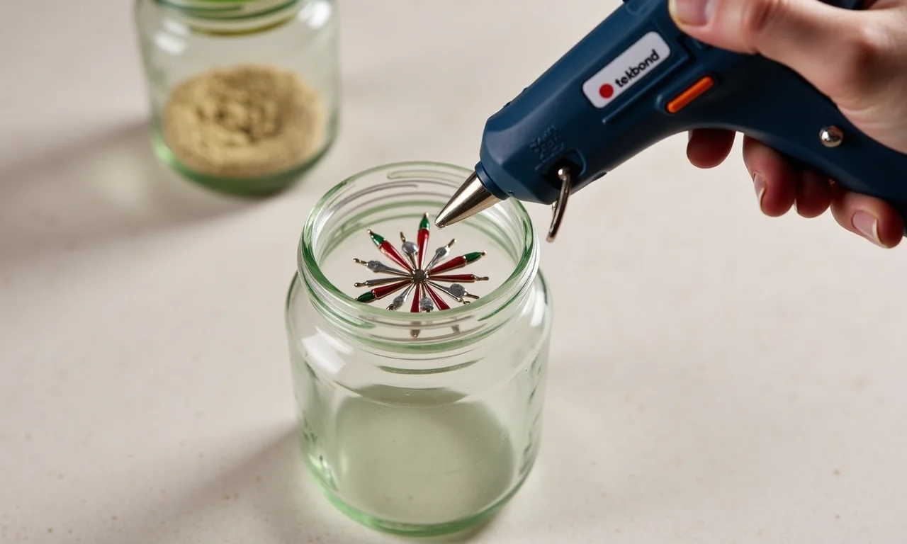 Pistola de cola quente da Tekbond selando elementos decorativos em um pote de vidro.