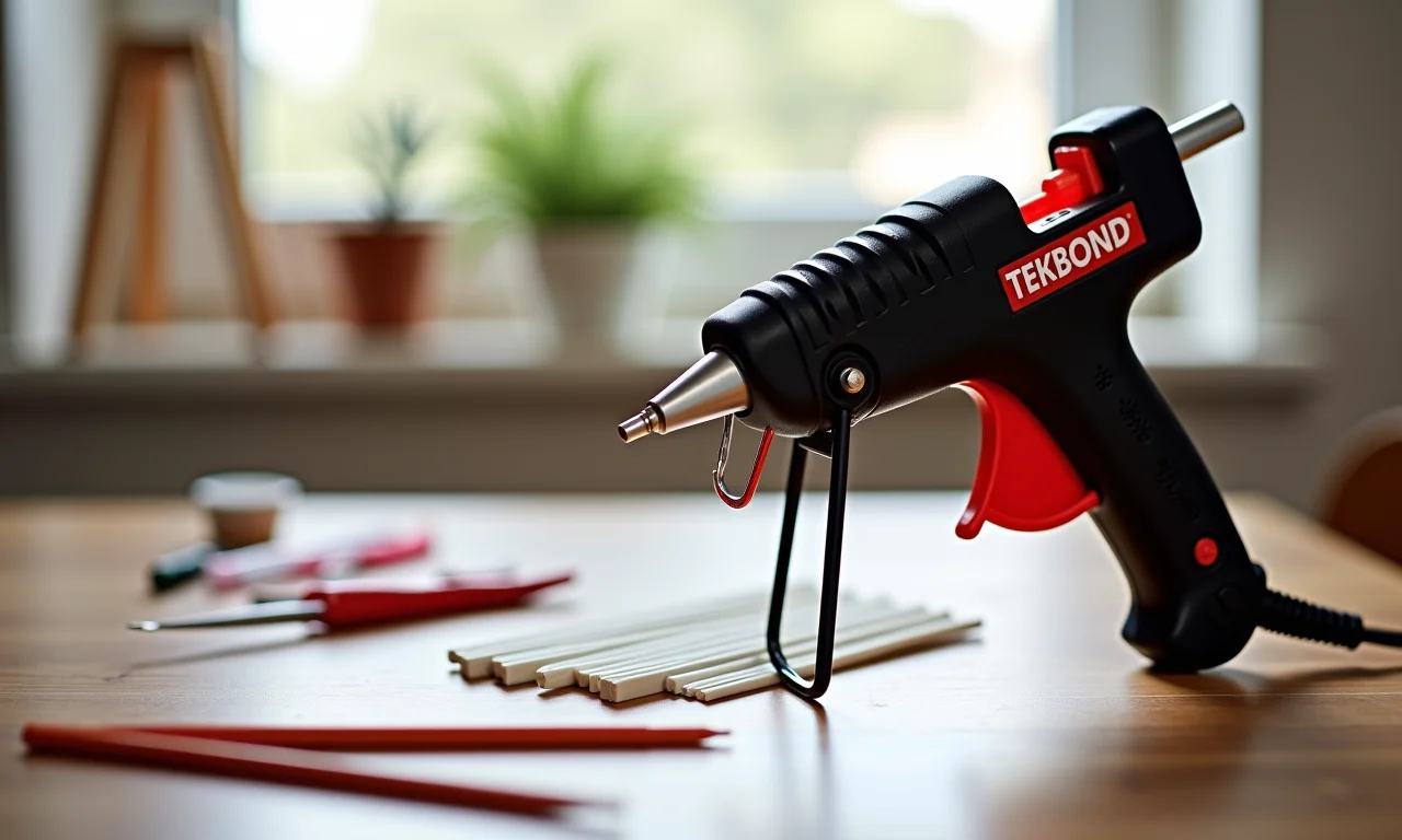 Pistola de cola quente da Tekbond sobre mesa de artesanato.