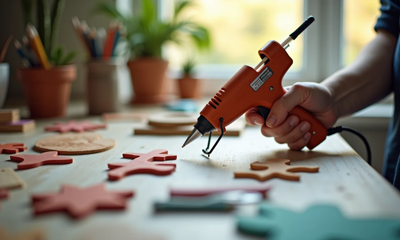 Pistola de cola quente em uso, artesanato em EVA.