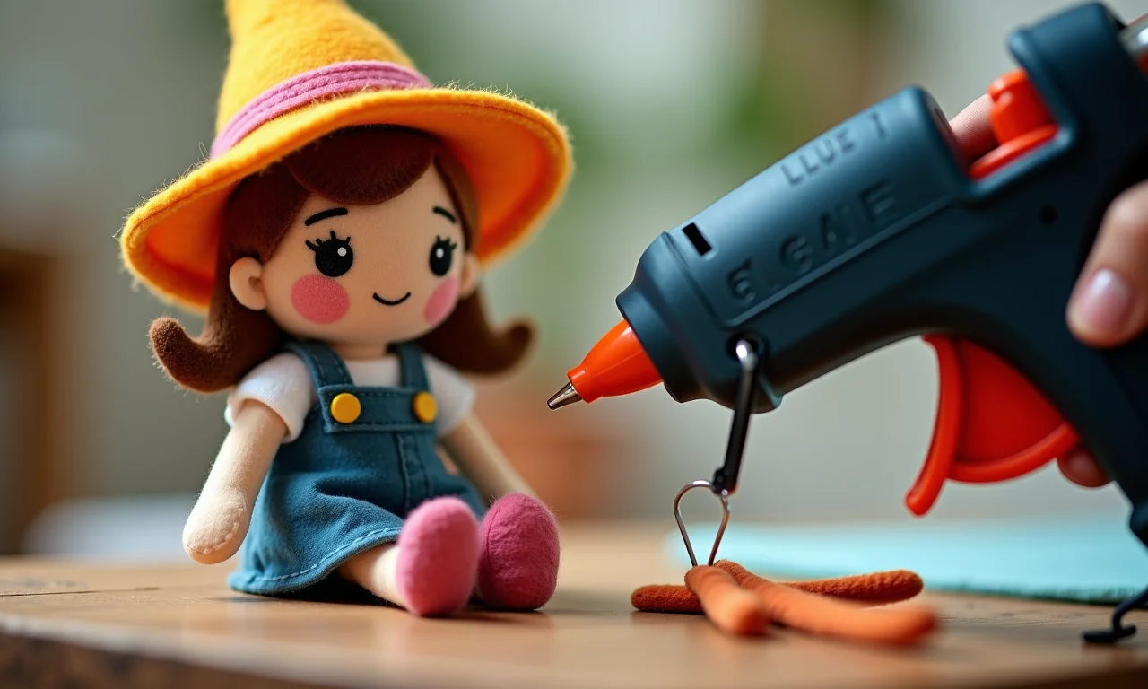 Pistola de cola quente perto da Galinha Pintadinha de feltro.