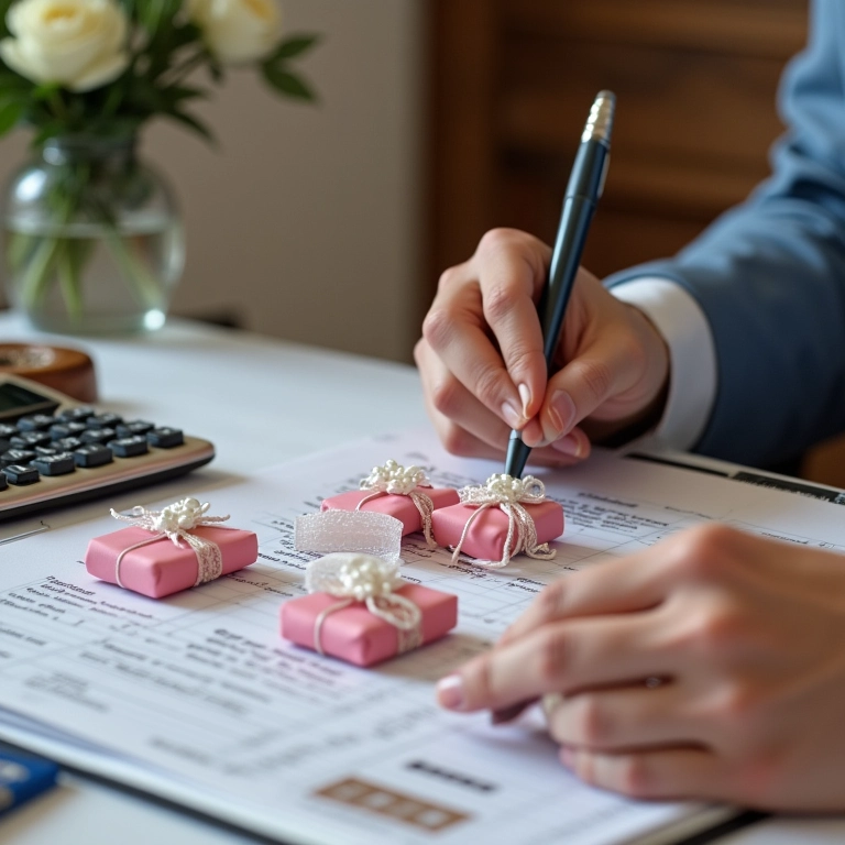 Planejadora de casamento calculando a quantidade de lembrancinhas.