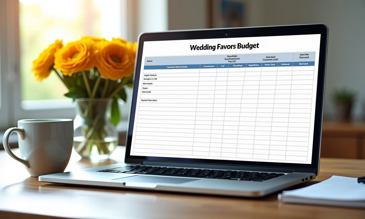 Planilha de orçamento de lembrancinhas de casamento aberta em um laptop.