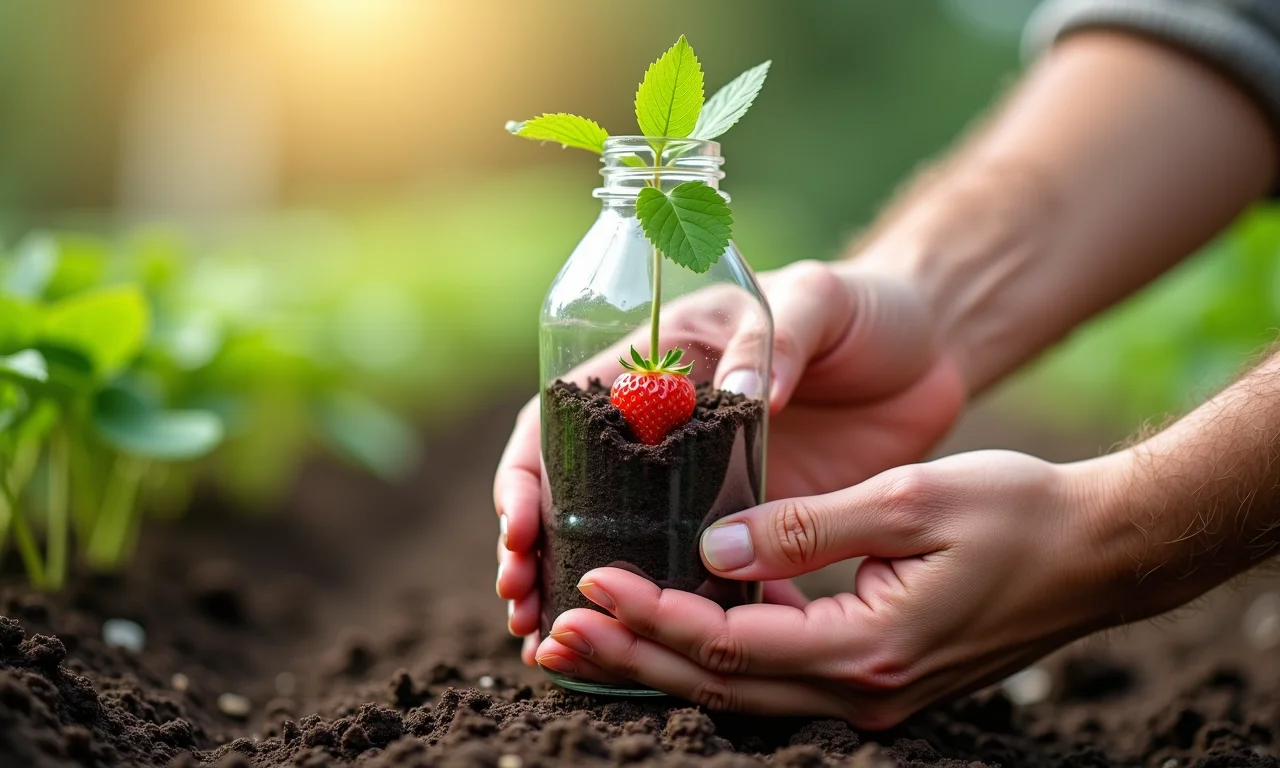 Plantando muda de morango em garrafa PET.