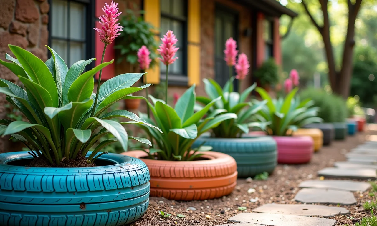 Pneus transformados em vasos e peças de arte no jardim.