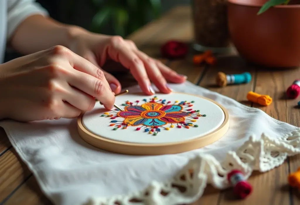 Ponto alinhavo em tecido de algodão cru com linhas coloridas