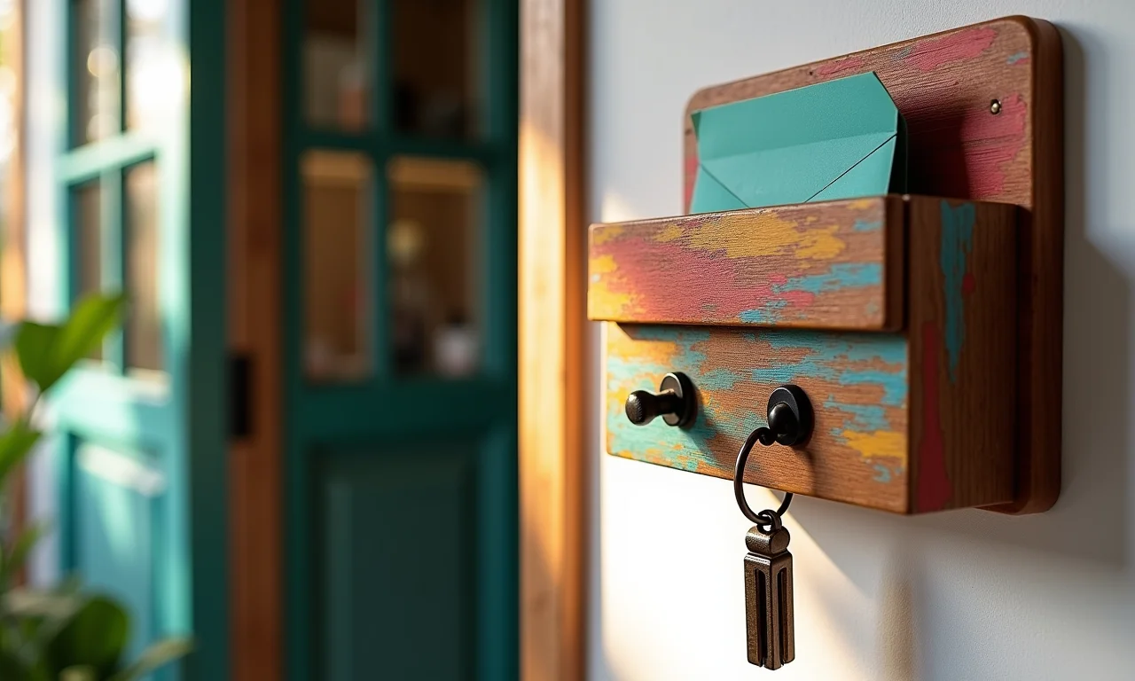 Porta-chaves e correspondências criativo e colorido perto da entrada.