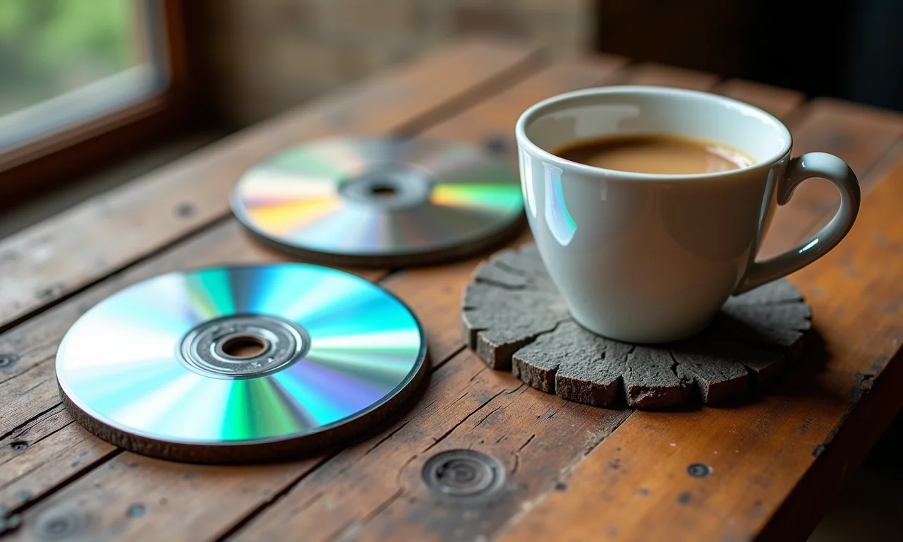 Porta-copos artesanais feitos com CDs reciclados.