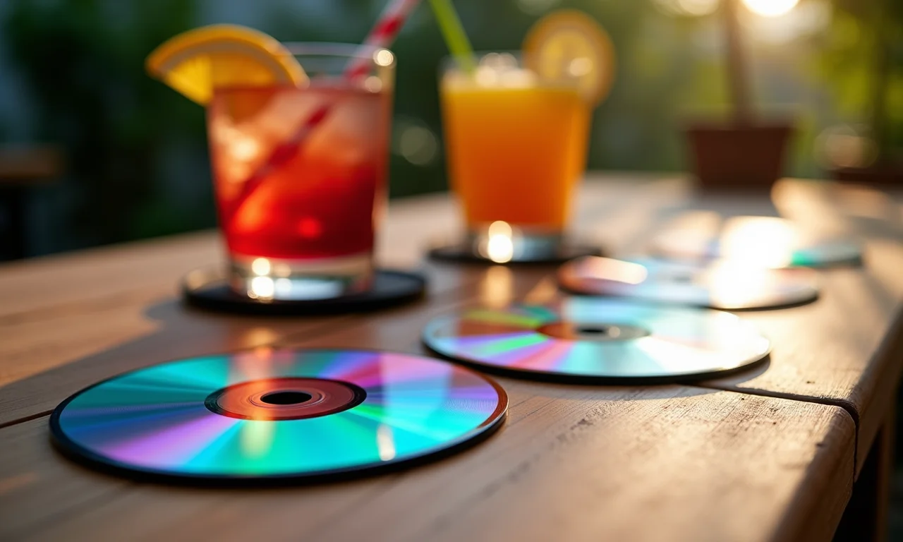 Porta-copos divertidos feitos de CDs em mesa de madeira com bebidas.
