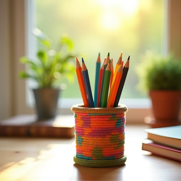 Porta-lápis criativos feitos com materiais reciclados em uma mesa de estudo