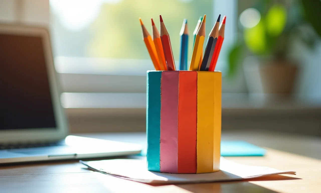 Porta-lápis divertido e personalizado feito com rolos de papel reciclado.