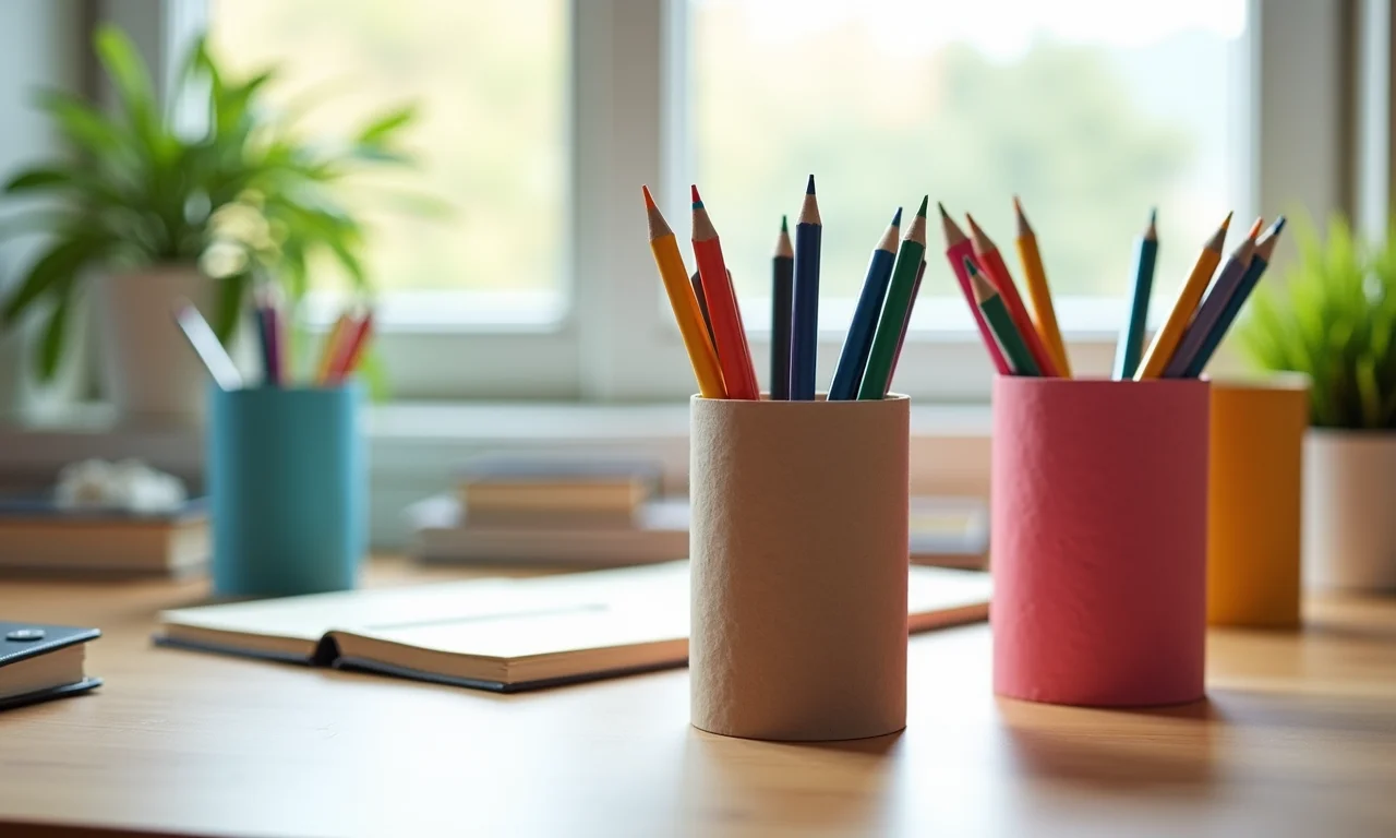 Porta-lápis e organizadores criativos com rolo de papel higiênico.