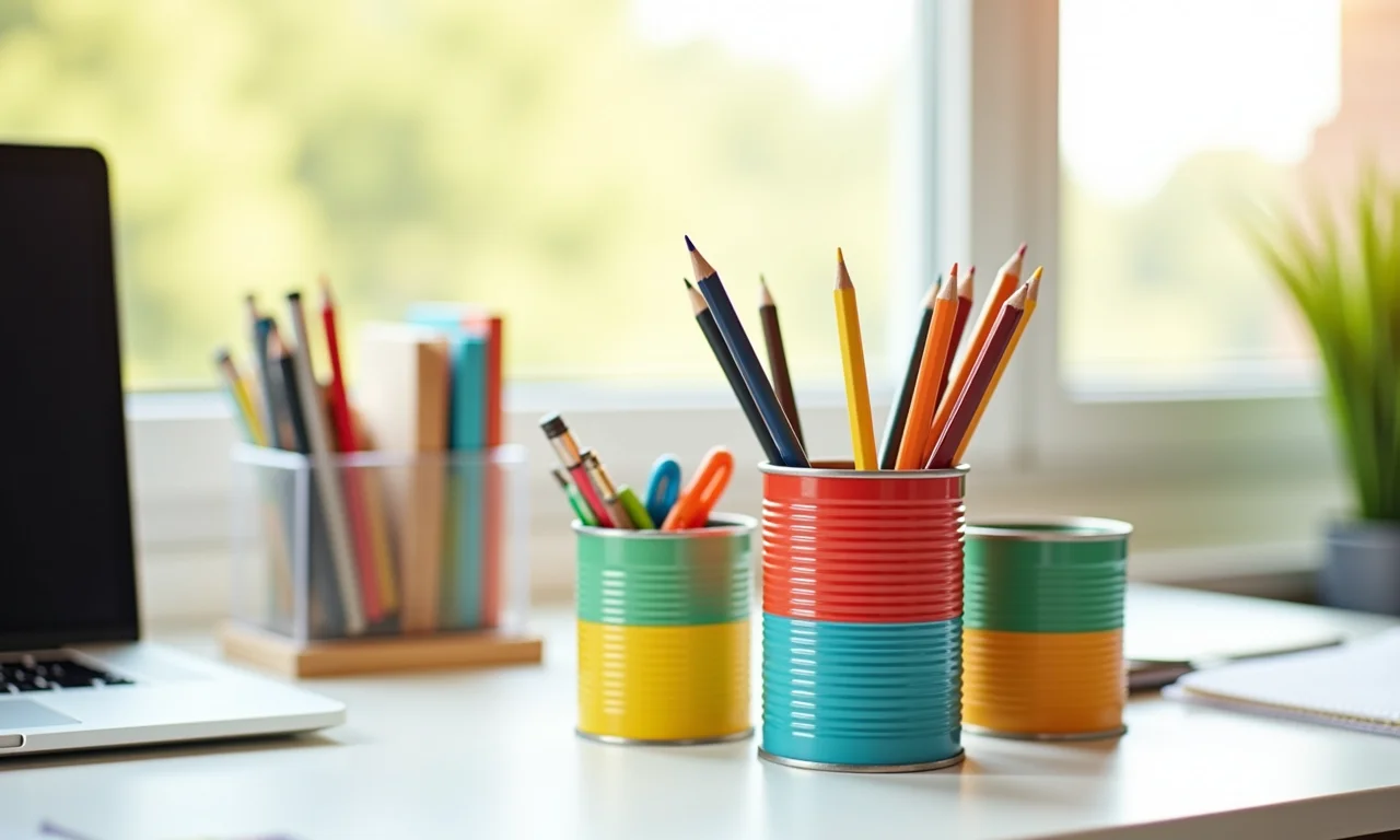 Porta-lápis e organizadores criativos feitos de latas.