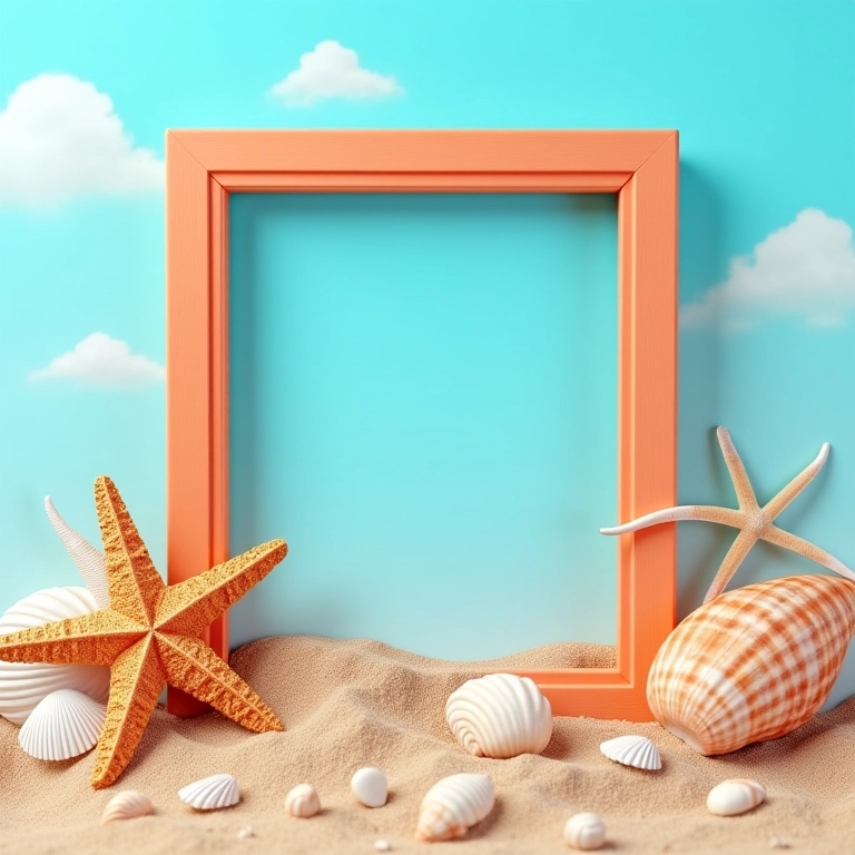 Porta-retrato de EVA decorado com tema de praia: conchas, estrelas do mar e areia.