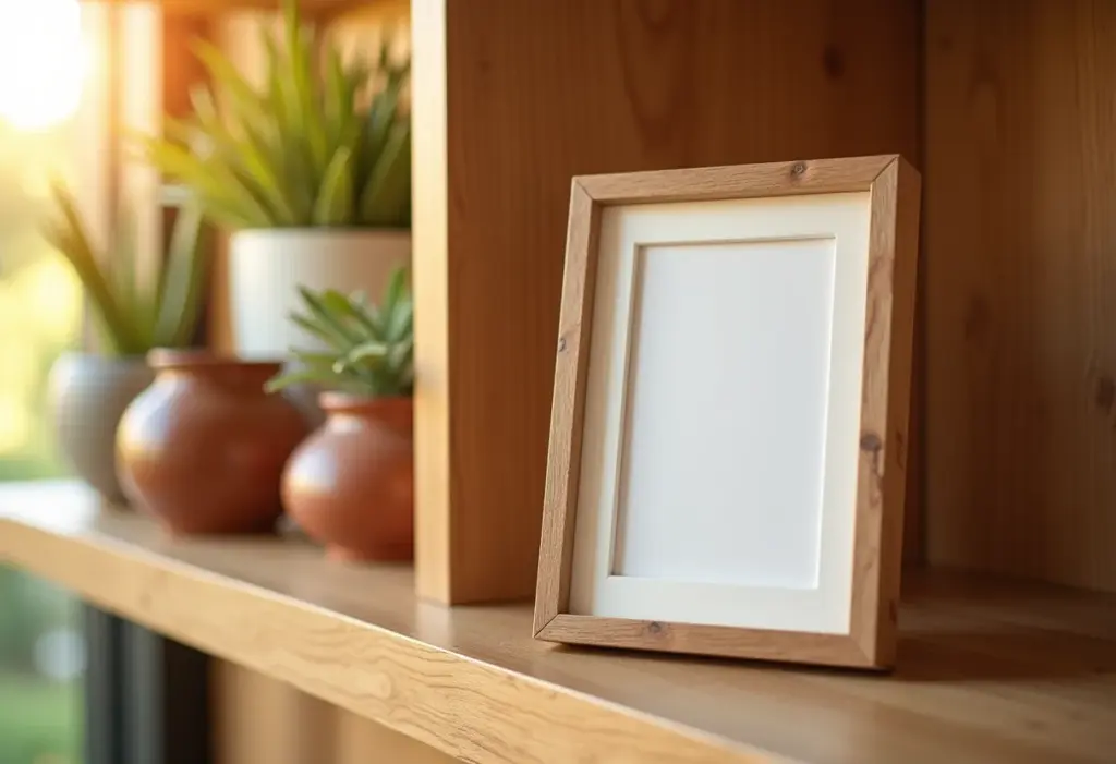 Porta-retrato feito de caixa de leite decorado em estante de madeira