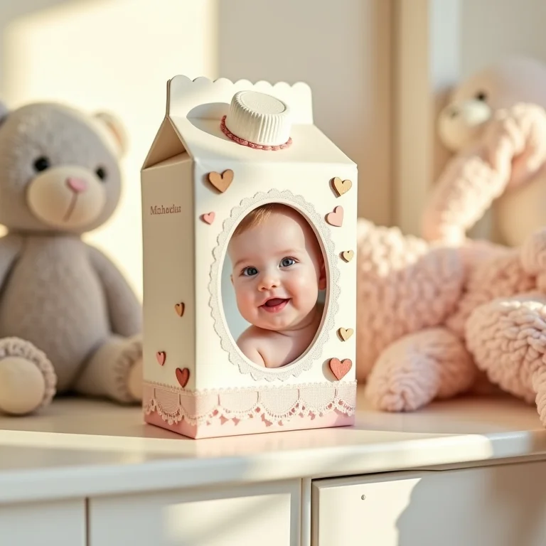 Porta-retrato temático para foto de bebê feito de caixa de leite