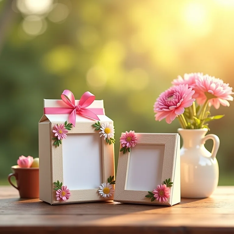 Porta-retratos de caixa de leite decorados com flores e fitas