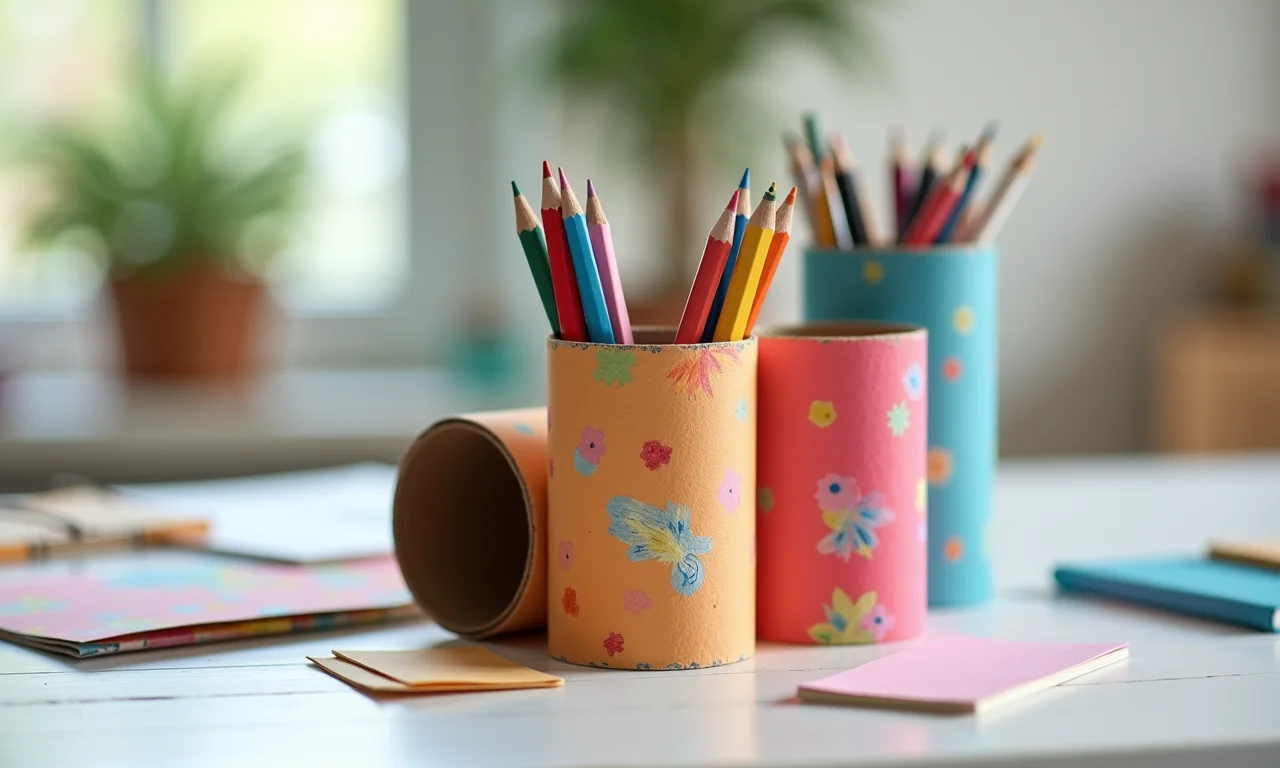 Porta-trecos de rolos de papel higiênico organizando uma mesa.