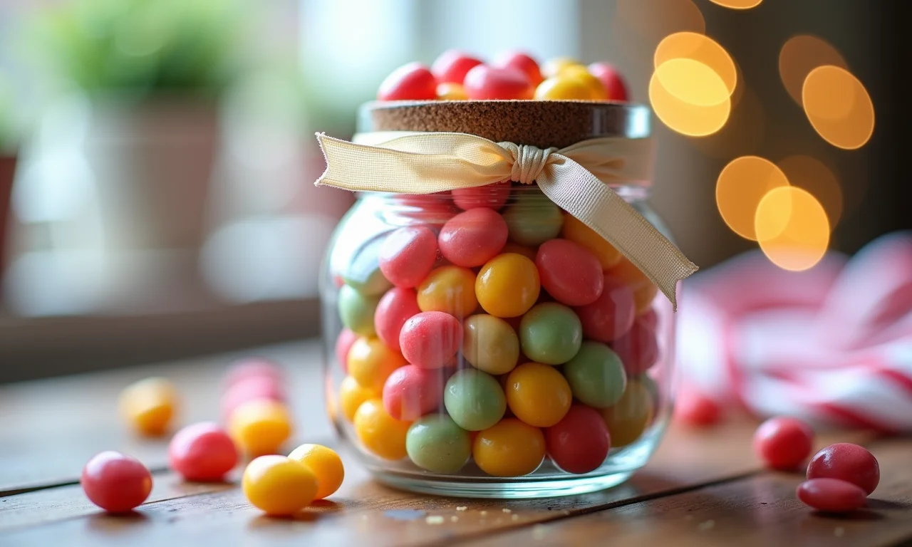 Pote de papinha recheado com docinhos coloridos.