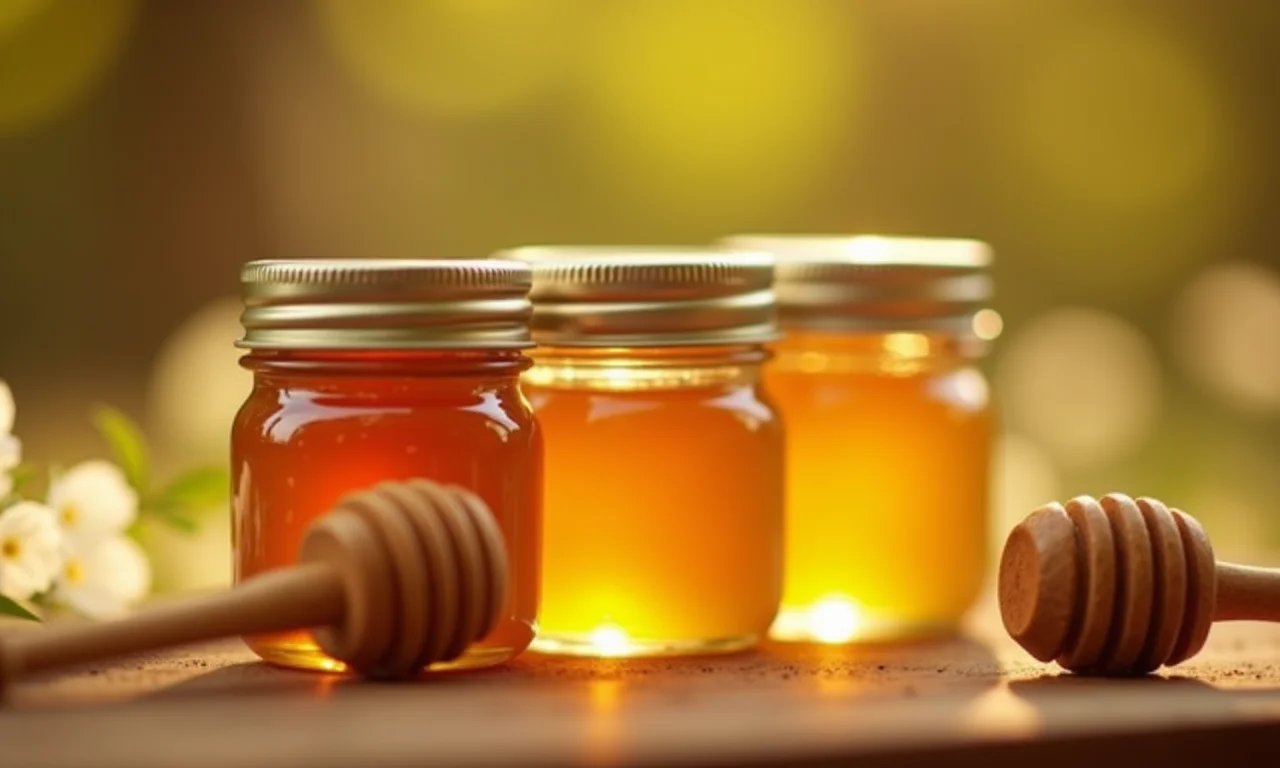 Potes de mel com mini colher de pau como lembrancinha de aniversário.