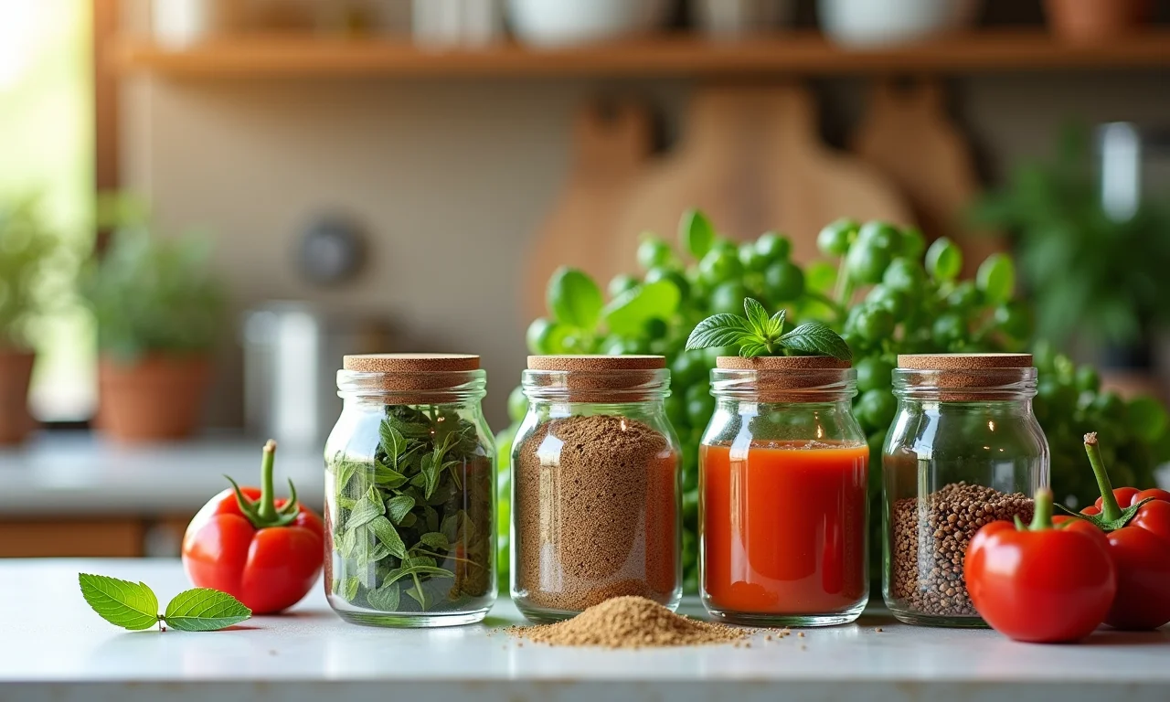 Potes de papinha com temperos e ervas aromáticas.