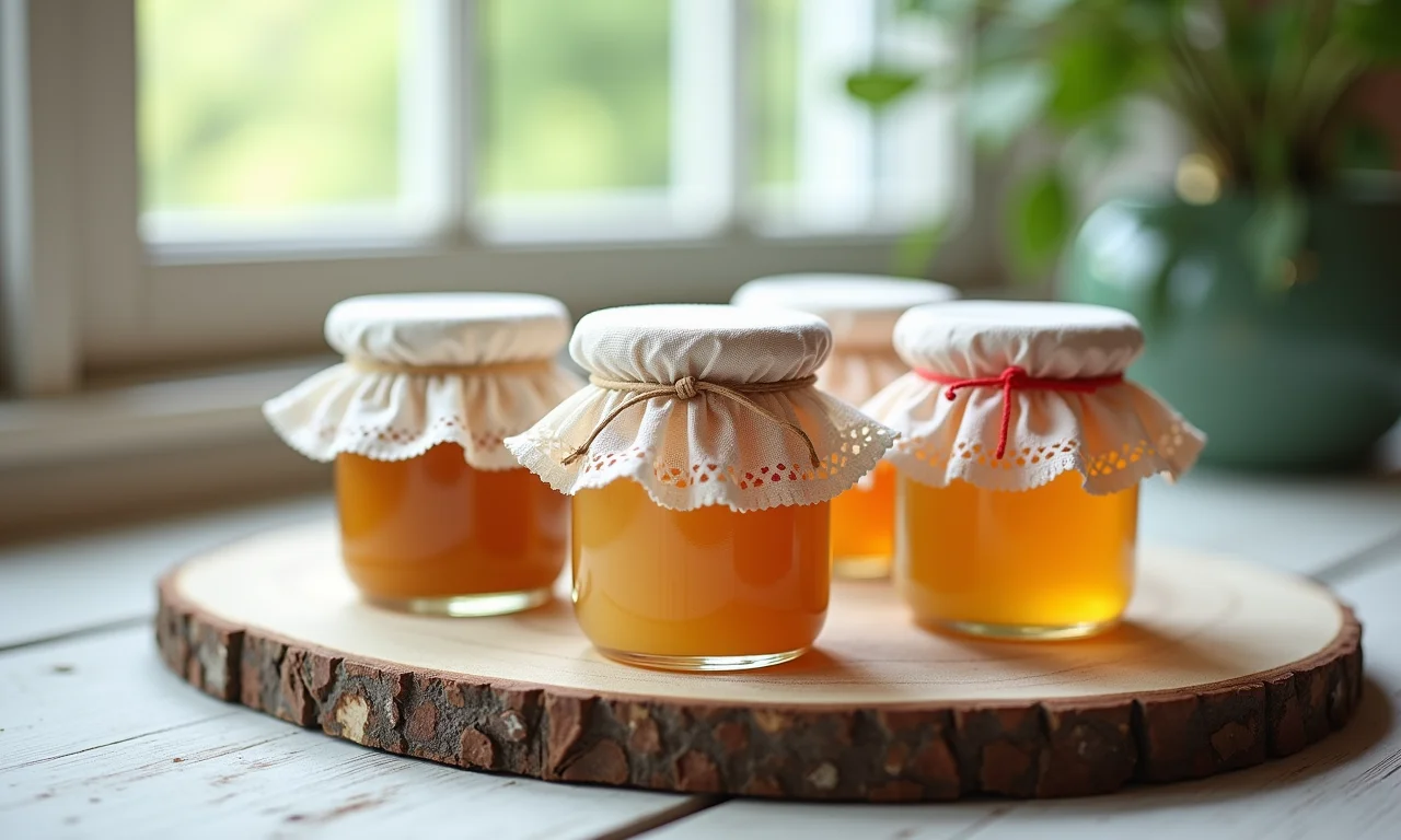 Potes de papinha decorados com tecido e renda.