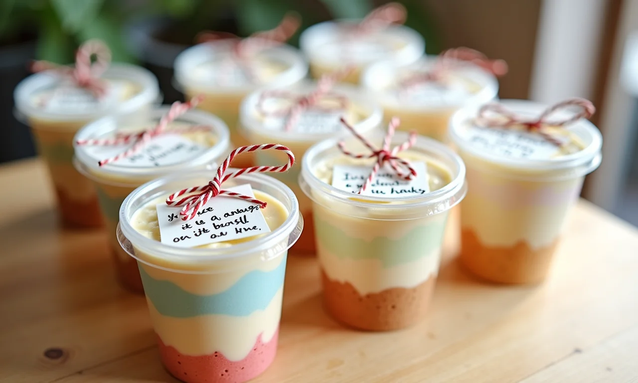 Potes de sorvete com mensagens e recados personalizados, amarrados com fitas decorativas.