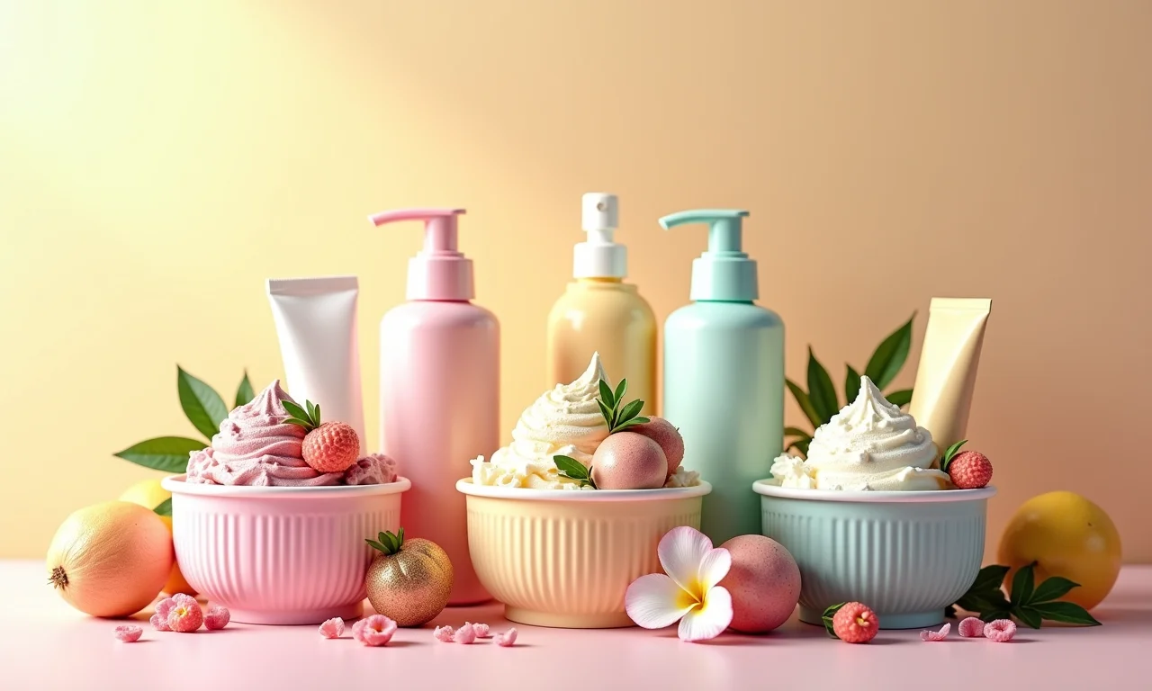 Potes de sorvete contendo produtos de higiene pessoal em tamanho mini, ideais para lembrancinhas.