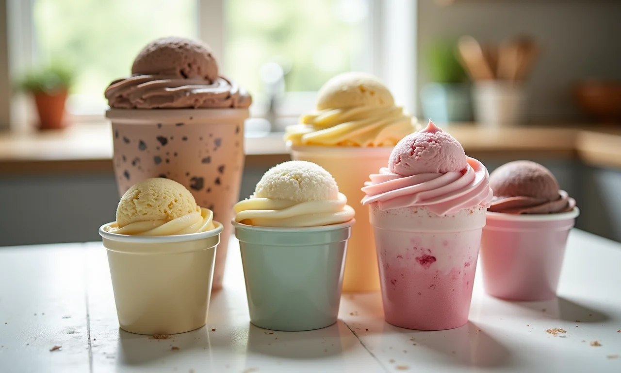 Potes de sorvete de diferentes tamanhos usados para criar lembrancinhas variadas.