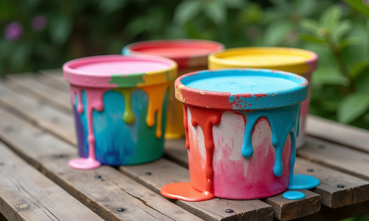 Potes de sorvete pintados com tinta acrílica colorida, prontos para serem usados como lembrancinhas.