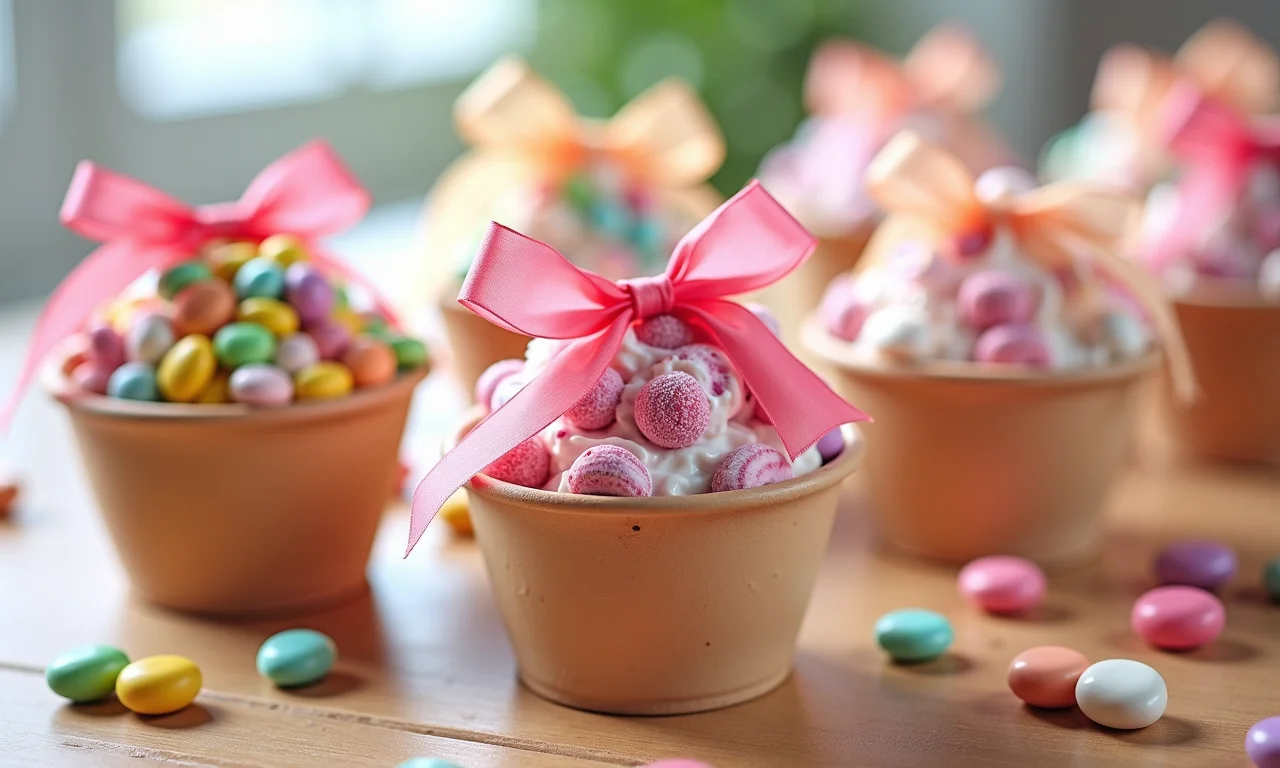 Potes de sorvete recheados com doces e guloseimas, perfeitos para lembrancinhas de festa.