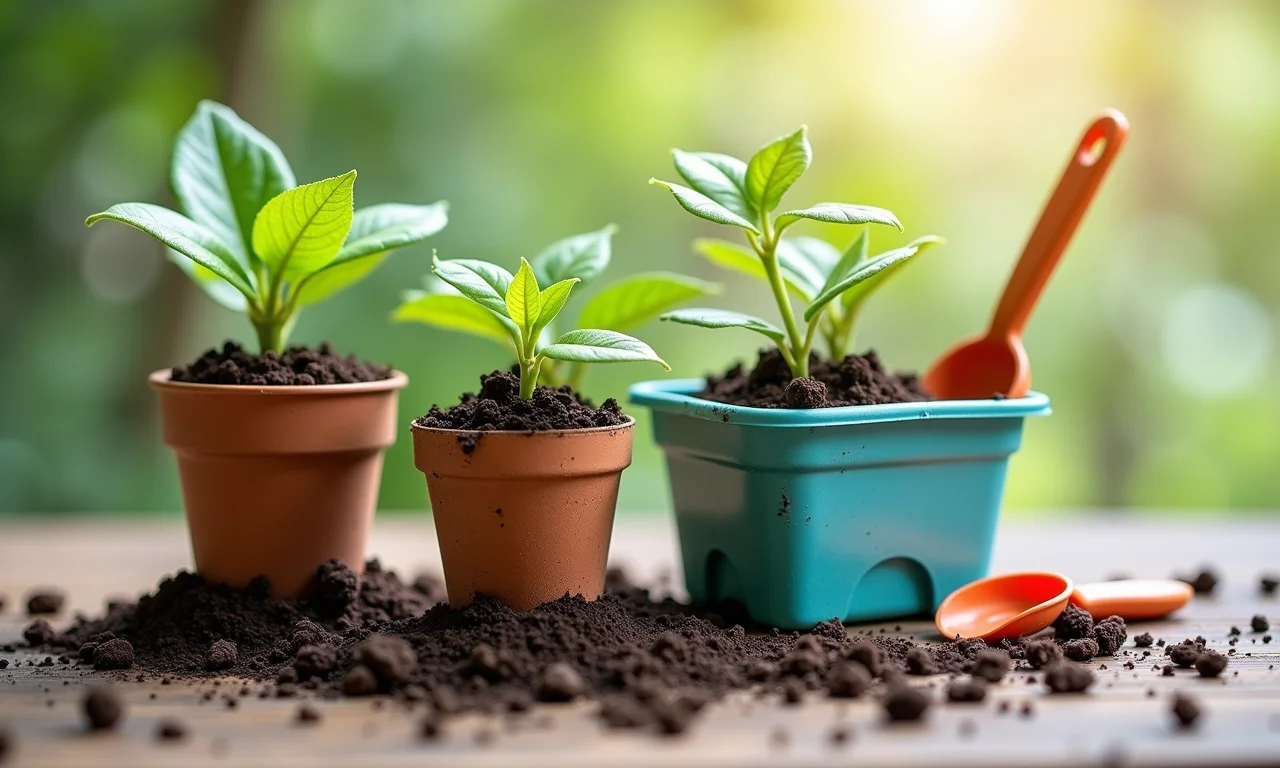 Potes de sorvete reutilizados como mini kits de jardinagem, com terra, sementes e ferramentas.