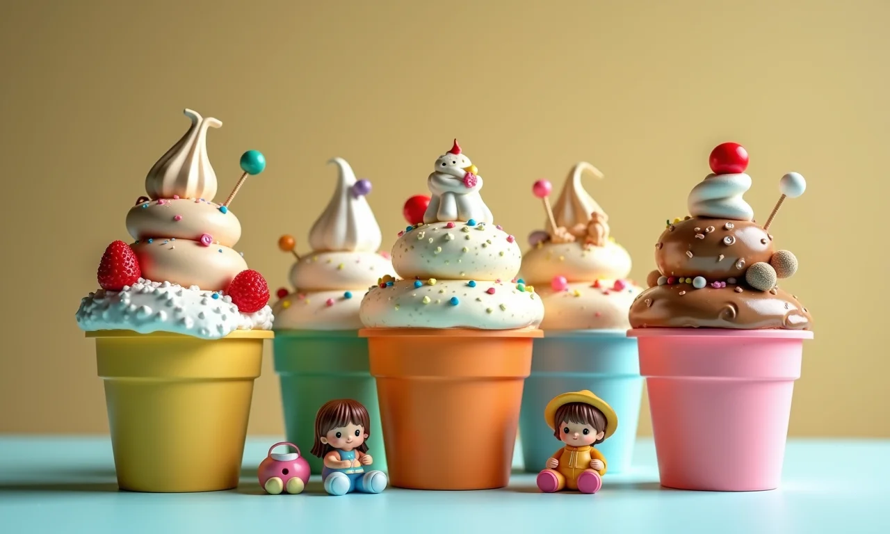 Potes de sorvete transformados em cenários em miniatura com brinquedos e bonecos.