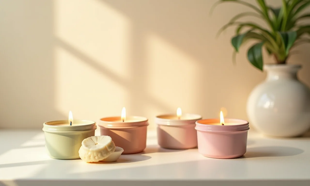 Potes de sorvete transformados em porta-velas aromáticas, criando um ambiente relaxante.
