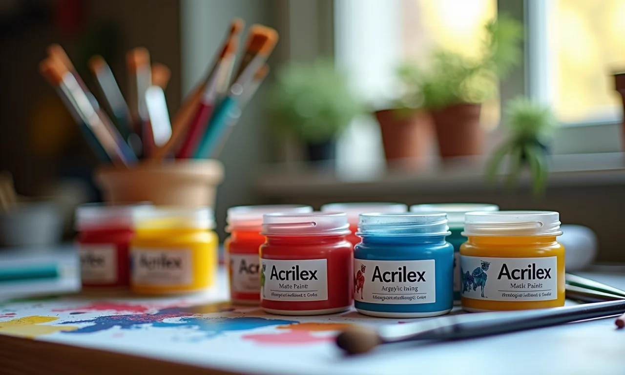 Potes de tinta acrílica fosca da Acrilex com pincéis.