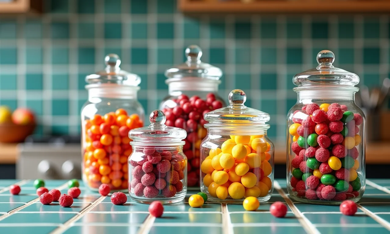 Potes de vidro decorados cheios de doces e guloseimas coloridas.